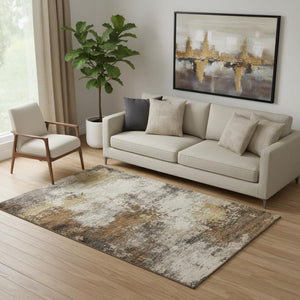HomeRoots 8' Brown and Beige Abstract Round Rug - Durable, Washable, UV-Protected, Non-Slip Backing for Homes 716866