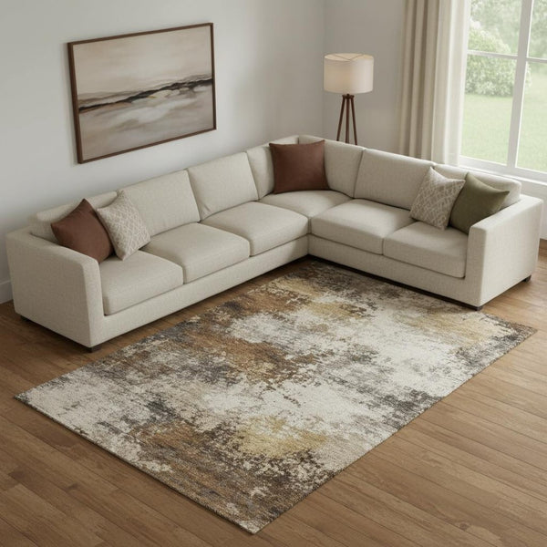 HomeRoots 10' Brown & Beige Abstract Washable Area Rug – Stain Resistant, UV Protected for High-Traffic Areas 716869