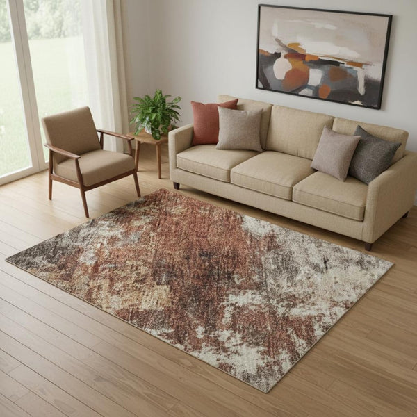 HomeRoots 8' Rust and Beige Abstract Round Rug - Washable, UV Protected, Stylish & Durable for Every Room 716878