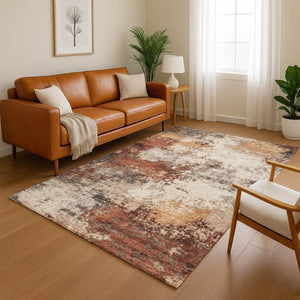 HomeRoots 9' X 12' Stylish Rust and Beige Abstract Area Rug - Washable, UV Protected, Perfect for Homes! 716880