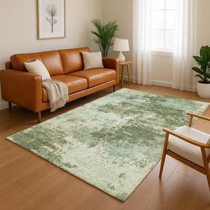 HomeRoots 5' X 8' Modern Sage and Fern Green Abstract Area Rug - Washable, UV-Protected, Durable Design 716883