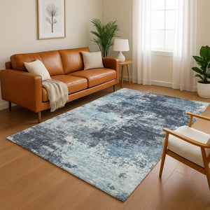 HomeRoots 8' Modern Blue and Ivory Abstract Round Rug - Washable, UV Protected, Durable for High-Traffic Areas 716890