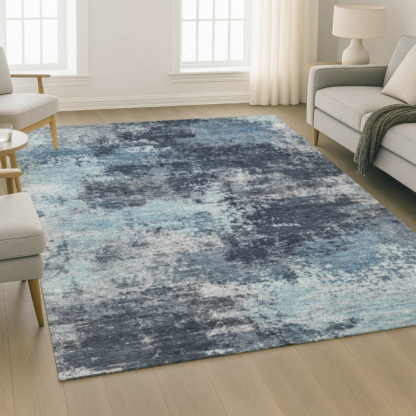 HomeRoots 8' Modern Blue and Ivory Abstract Round Rug - Washable, UV Protected, Durable for High-Traffic Areas 716890