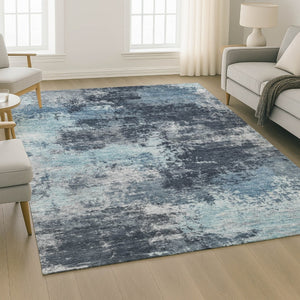 HomeRoots 9' X 12' Blue & Ivory Abstract Area Rug - Washable, UV Protected, Durable for High-Traffic Areas 716892