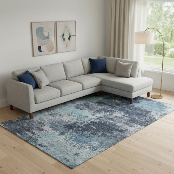 HomeRoots 10' X 14' Blue and Ivory Abstract Area Rug - Washable, UV Protected, Durable for High-Traffic Spaces 716893