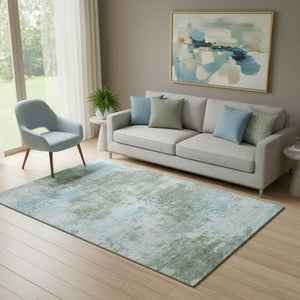 HomeRoots 8' Modern Sage and Sky Blue Abstract Washable Round Rug – UV Protected, Stain Resistant, Durable Design 716902