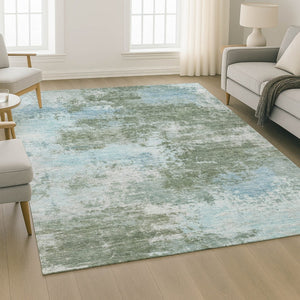 HomeRoots 8' Modern Sage and Sky Blue Abstract Washable Round Rug – UV Protected, Stain Resistant, Durable Design 716902