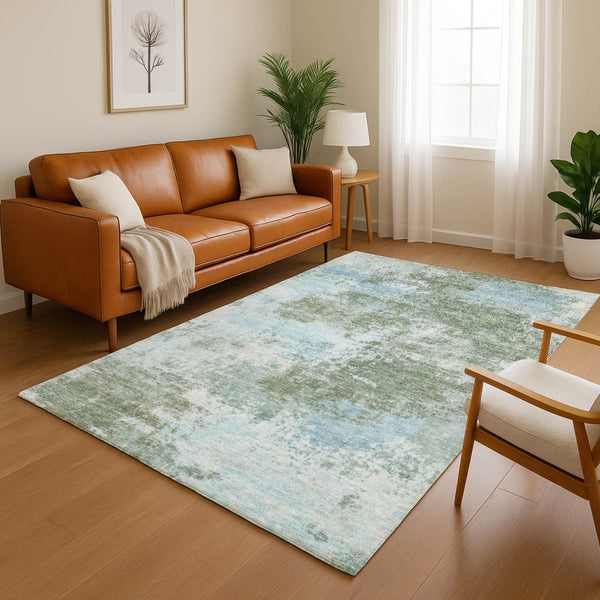 HomeRoots 9' X 12' Sage And Sky Blue Abstract Area Rug - Washable, UV Protected, Stylish & Durable Design 716904