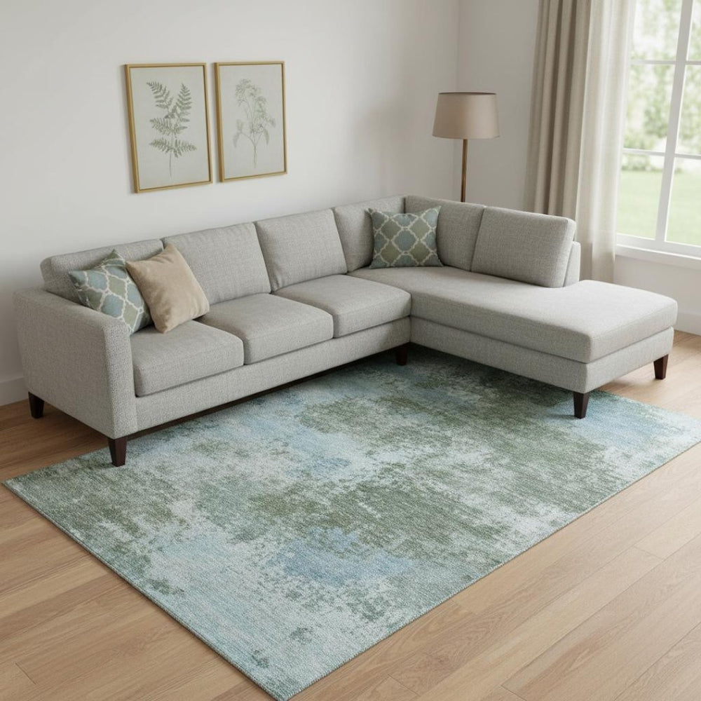 HomeRoots 9' X 12' Sage And Sky Blue Abstract Area Rug - Washable, UV Protected, Stylish & Durable Design 716904