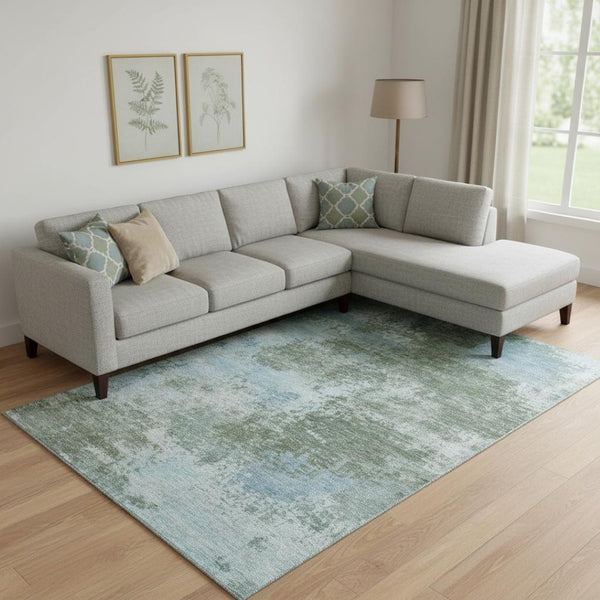 HomeRoots 9' X 12' Sage And Sky Blue Abstract Area Rug - Washable, UV Protected, Stylish & Durable Design 716904