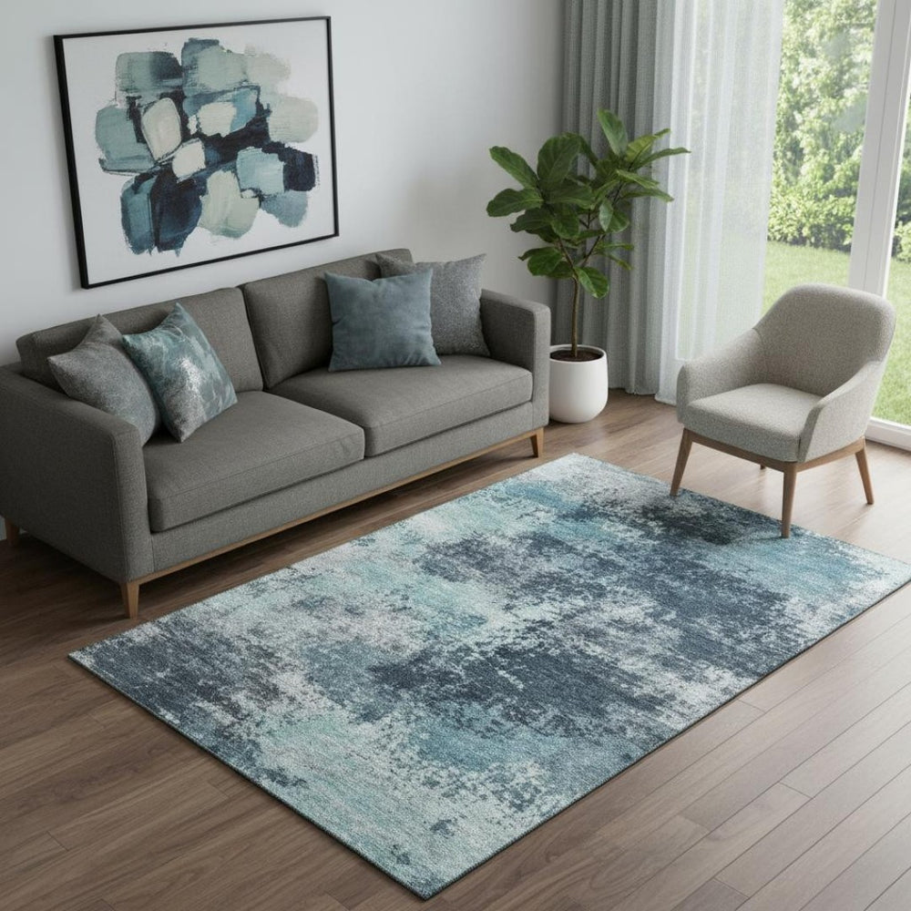HomeRoots 8' Teal And Aqua Abstract Washable Round Rug – Stylish, Durable, UV-Protected for Modern Coastal Spaces 716908