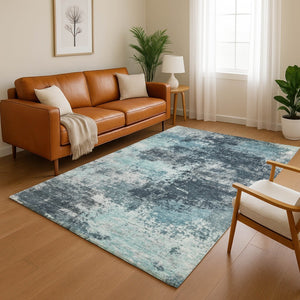 HomeRoots 9' X 12' Teal and Aqua Abstract Washable Area Rug - Stylish UV-Protected, Stain-Resistant Design! 716910