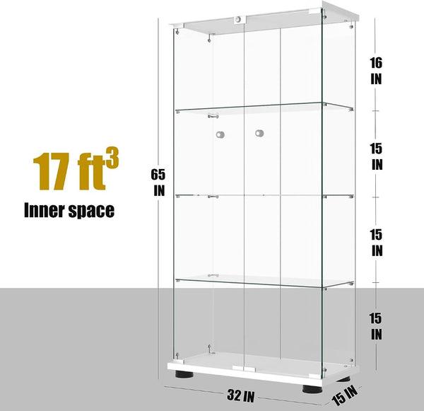 English Elm Glass Display Cabinet Four Shelf Lockable Tempered Bookshelf with Led Lighting White W1192P354028
