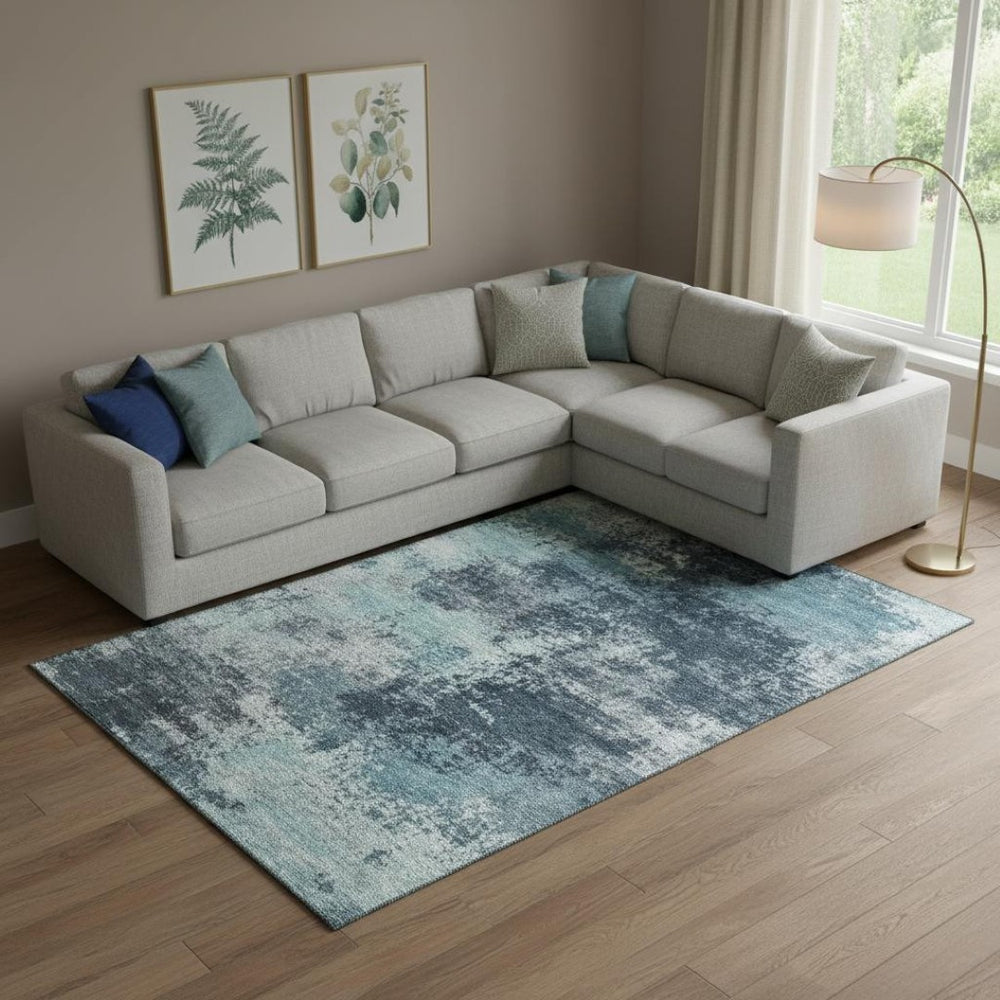 HomeRoots 10' X 14' Teal Aqua Abstract Area Rug - Stain Resistant, UV Protected, Machine Washable & Durable Design 716911