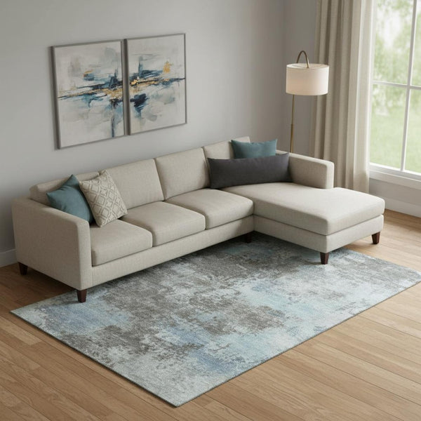 HomeRoots 9' X 12' Abstract Washable Area Rug in Taupe & Sky Blue - UV Protected, Ideal for Busy Homes! 716916