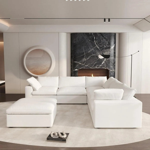 HomeRoots White Linen Blend Modular L-Shaped Sectional Sofa with Storage - Versatile 5-Piece Design for Modern Living 716920