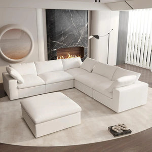 HomeRoots White Linen Blend Modular L-Shaped Sectional Sofa with Storage - Versatile 5-Piece Design for Modern Living 716920