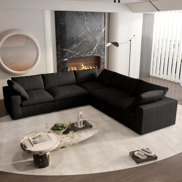 HomeRoots Black Modular L-Shaped Sectional Sofa - Versatile Six-Piece Design with Storage & Modern Comfort 716930