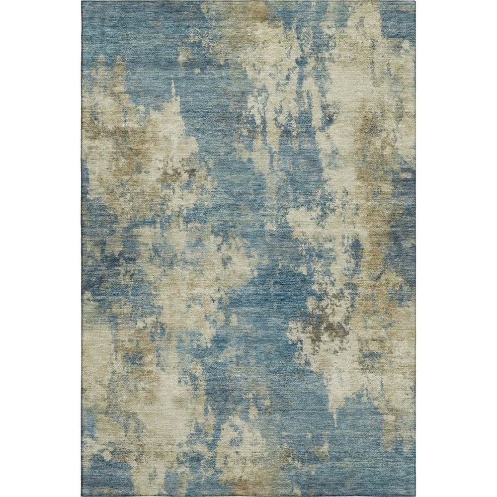 HomeRoots 8' Stylish Blue and Taupe Abstract Washable Round Rug with UV Protection for Modern Spaces 716939