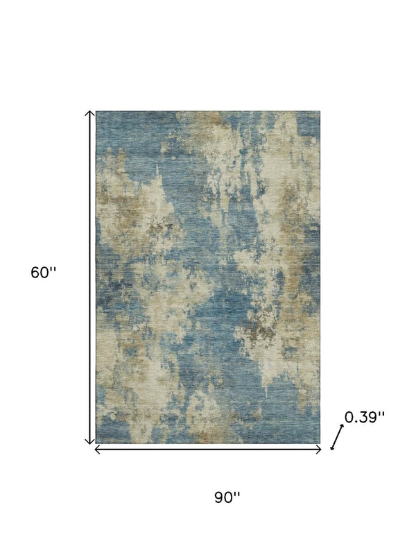 HomeRoots 8' Stylish Blue and Taupe Abstract Washable Round Rug with UV Protection for Modern Spaces 716939