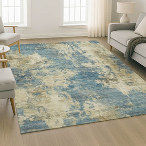 HomeRoots 8' Stylish Blue and Taupe Abstract Washable Round Rug with UV Protection for Modern Spaces 716939