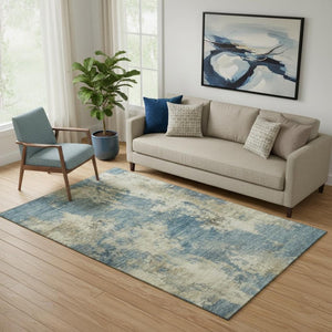HomeRoots 8' Stylish Blue and Taupe Abstract Washable Round Rug with UV Protection for Modern Spaces 716939