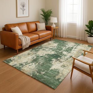 HomeRoots 5' X 8' Fern Green & Beige Abstract Washable Area Rug - Durable, UV-Protected & Easy Care Style! 716944