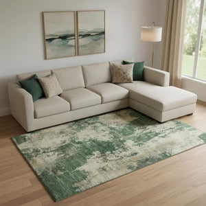 HomeRoots 9' X 12' Fern Green & Beige Abstract Washable Area Rug – UV Protected, Stain-Resistant Comfort! 716947