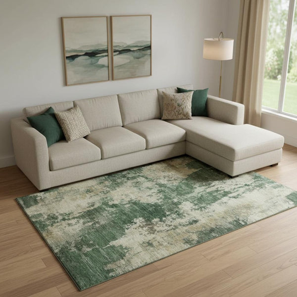 HomeRoots 9' X 12' Fern Green & Beige Abstract Washable Area Rug – UV Protected, Stain-Resistant Comfort! 716947