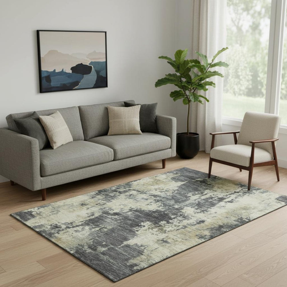 HomeRoots 8' Gray and Beige Abstract Washable Round Rug - Stylish, Stain Resistant, UV Protected for Any Room 716951
