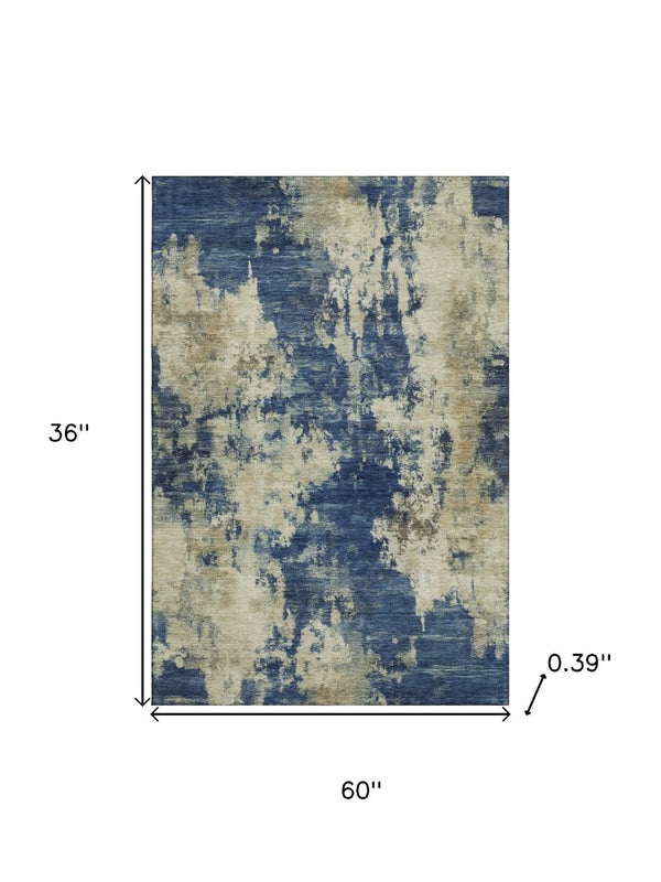 HomeRoots 5' X 8' Stylish Navy Blue & Beige Abstract Area Rug – Washable, UV-Protected, and Pet-Friendly Design 716956