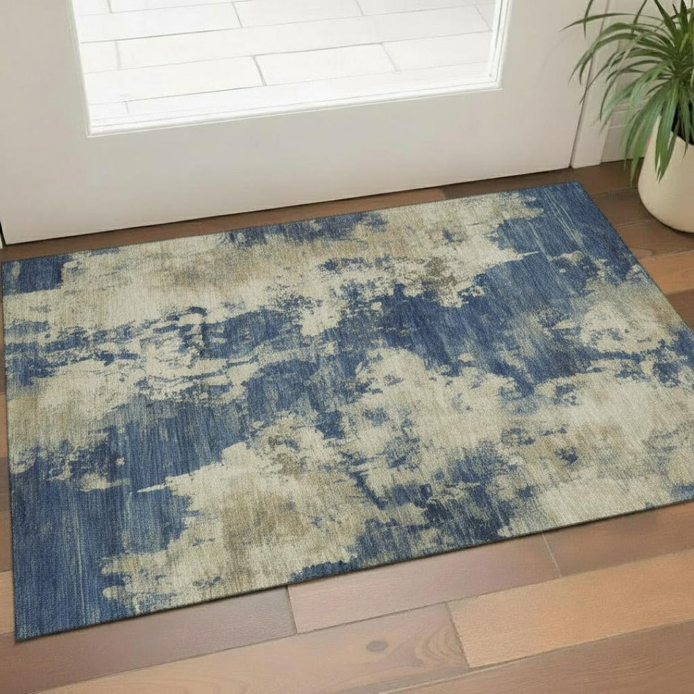 HomeRoots 5' X 8' Stylish Navy Blue & Beige Abstract Area Rug – Washable, UV-Protected, and Pet-Friendly Design 716956