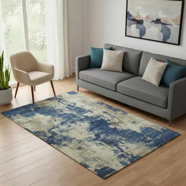 HomeRoots 8' Navy Blue and Beige Abstract Washable Round Rug - Durable, UV-Protected, Easy-Care Floor Covering 716957
