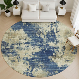 HomeRoots 8' X 10' Navy Blue and Beige Abstract Washable Area Rug – Durable, UV-Protected, Pet-Friendly Design 716958