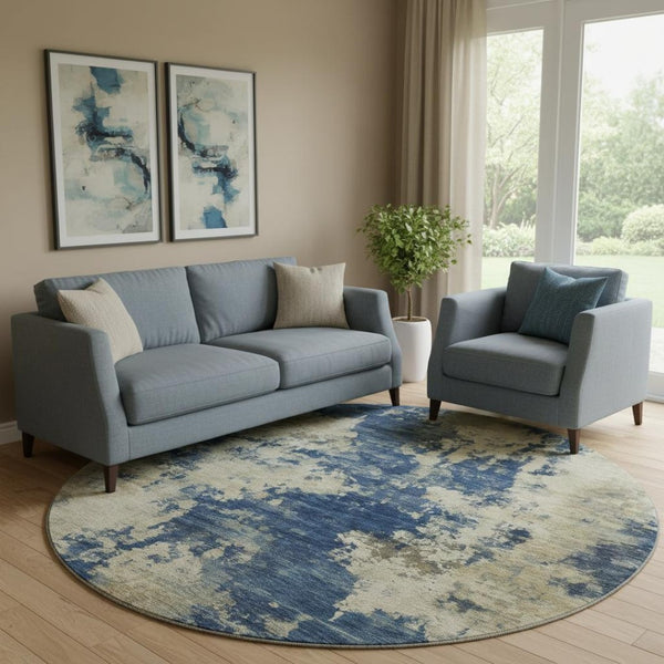 HomeRoots 8' X 10' Navy Blue and Beige Abstract Washable Area Rug – Durable, UV-Protected, Pet-Friendly Design 716958
