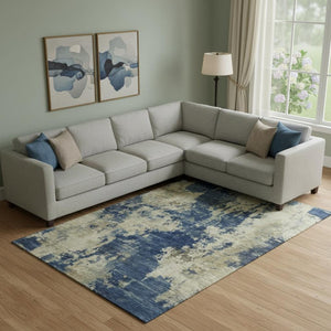 HomeRoots 9' X 12' Navy Blue & Beige Abstract Area Rug - Washable, UV-Protected, Perfect for Busy Homes! 716959