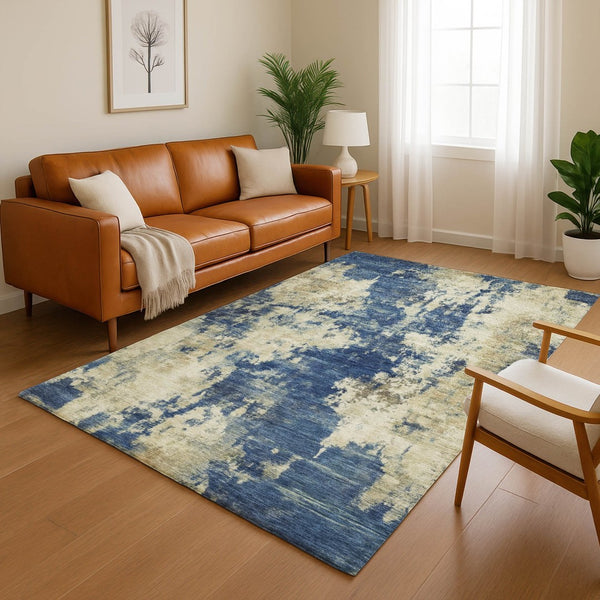 HomeRoots 10' X 14' Navy Blue & Beige Abstract Washable Area Rug – Durable, UV-Protected, Family-Friendly Design 716960