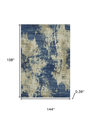 HomeRoots 10' X 14' Navy Blue & Beige Abstract Washable Area Rug – Durable, UV-Protected, Family-Friendly Design 716960