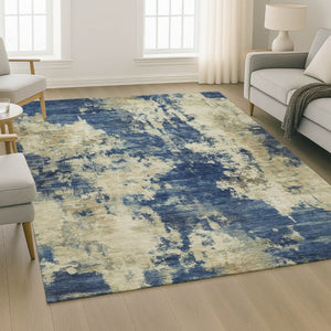 HomeRoots 10' X 14' Navy Blue & Beige Abstract Washable Area Rug – Durable, UV-Protected, Family-Friendly Design 716960