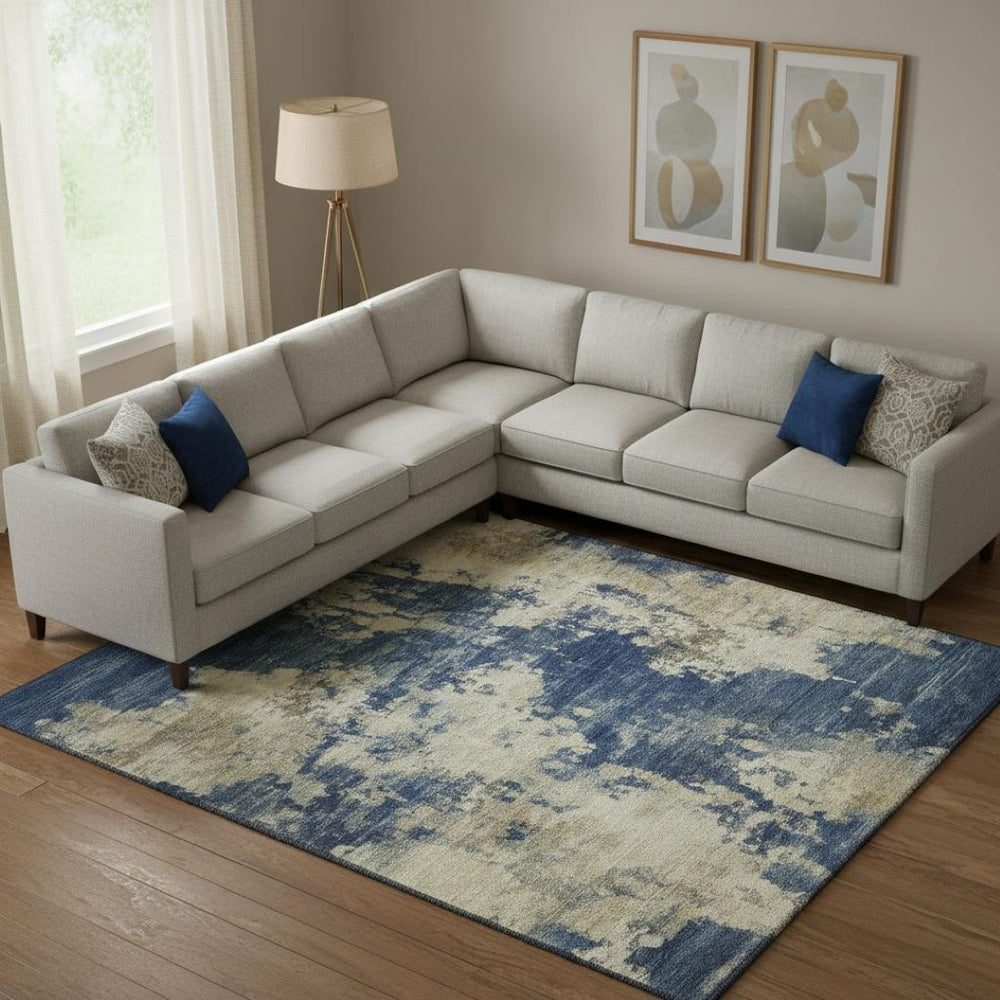 HomeRoots 10' X 14' Navy Blue & Beige Abstract Washable Area Rug – Durable, UV-Protected, Family-Friendly Design 716960