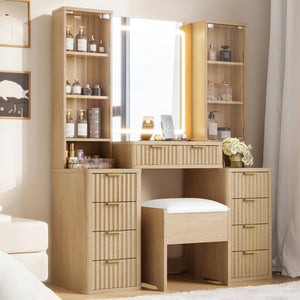English Elm 43.5" Fluted Makeup Vanity with Led Mirror Glass Top Gold Hardware and Storage Stool Oak N704G202305N