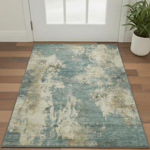 HomeRoots 5' X 8' Teal and Beige Abstract Area Rug – Washable, UV Resistant, Stylish & Durable for Any Space 716968