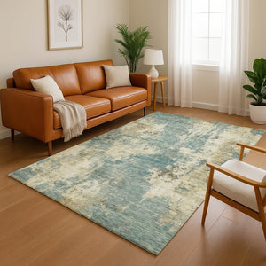 HomeRoots 8' Teal and Beige Abstract Washable Round Rug - Modern Design with UV Protection and Stain Resistance 716969