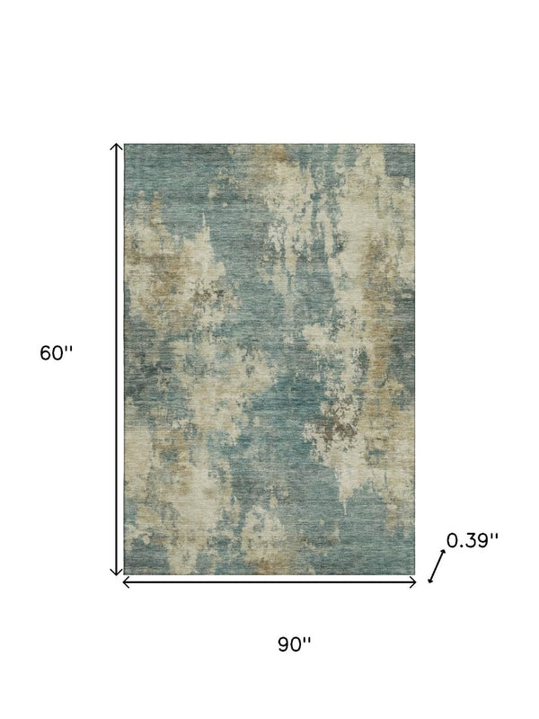 HomeRoots 8' Teal and Beige Abstract Washable Round Rug - Modern Design with UV Protection and Stain Resistance 716969