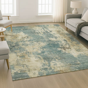 HomeRoots 8' Teal and Beige Abstract Washable Round Rug - Modern Design with UV Protection and Stain Resistance 716969