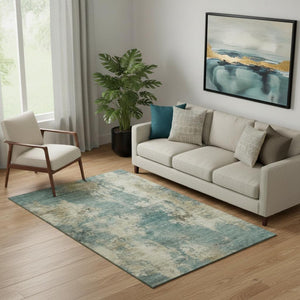 HomeRoots 8' Teal and Beige Abstract Washable Round Rug - Modern Design with UV Protection and Stain Resistance 716969