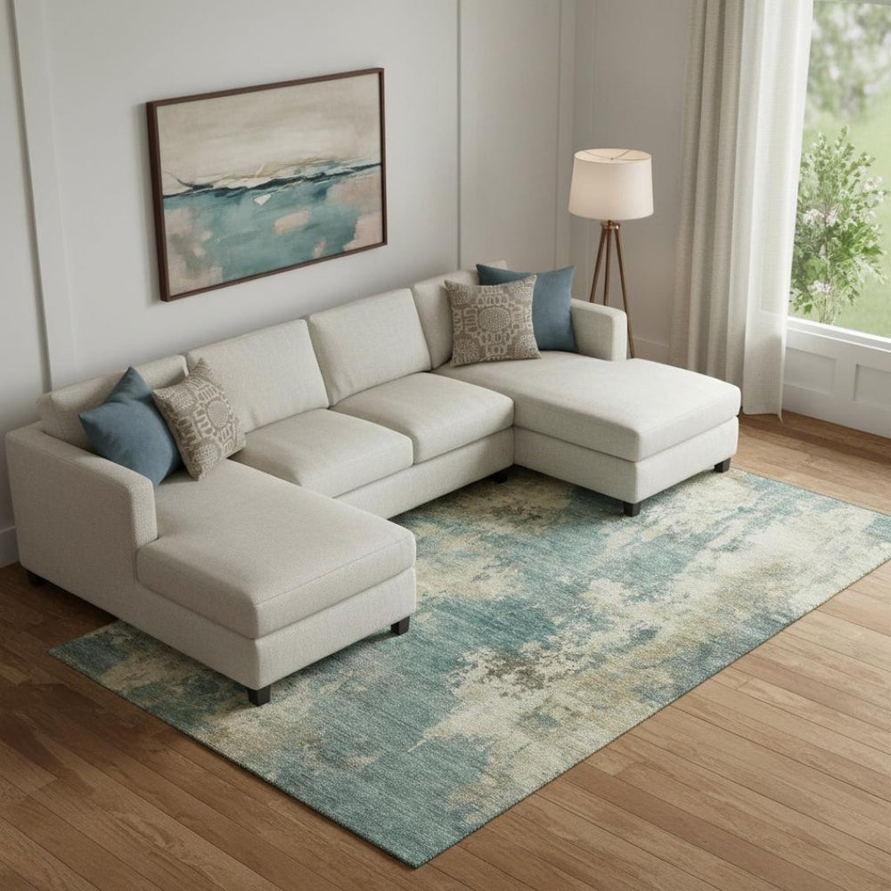 HomeRoots 9' X 12' Teal and Beige Abstract Washable Area Rug - Durable, UV-Protected, Perfect for Busy Homes 716971
