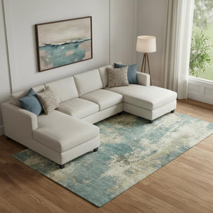HomeRoots 9' X 12' Teal and Beige Abstract Washable Area Rug - Durable, UV-Protected, Perfect for Busy Homes 716971