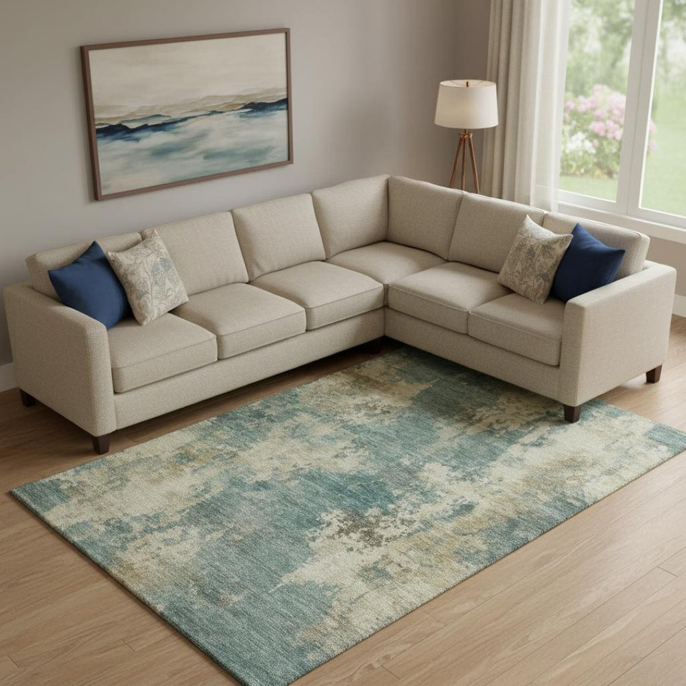 HomeRoots 10' Teal and Beige Abstract Area Rug - Washable, UV-Protected, Durable for High-Traffic Spaces 716972