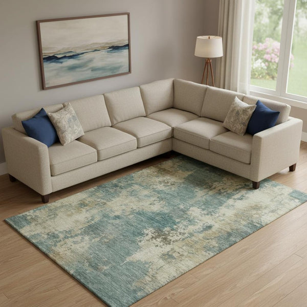 HomeRoots 10' Teal and Beige Abstract Area Rug - Washable, UV-Protected, Durable for High-Traffic Spaces 716972
